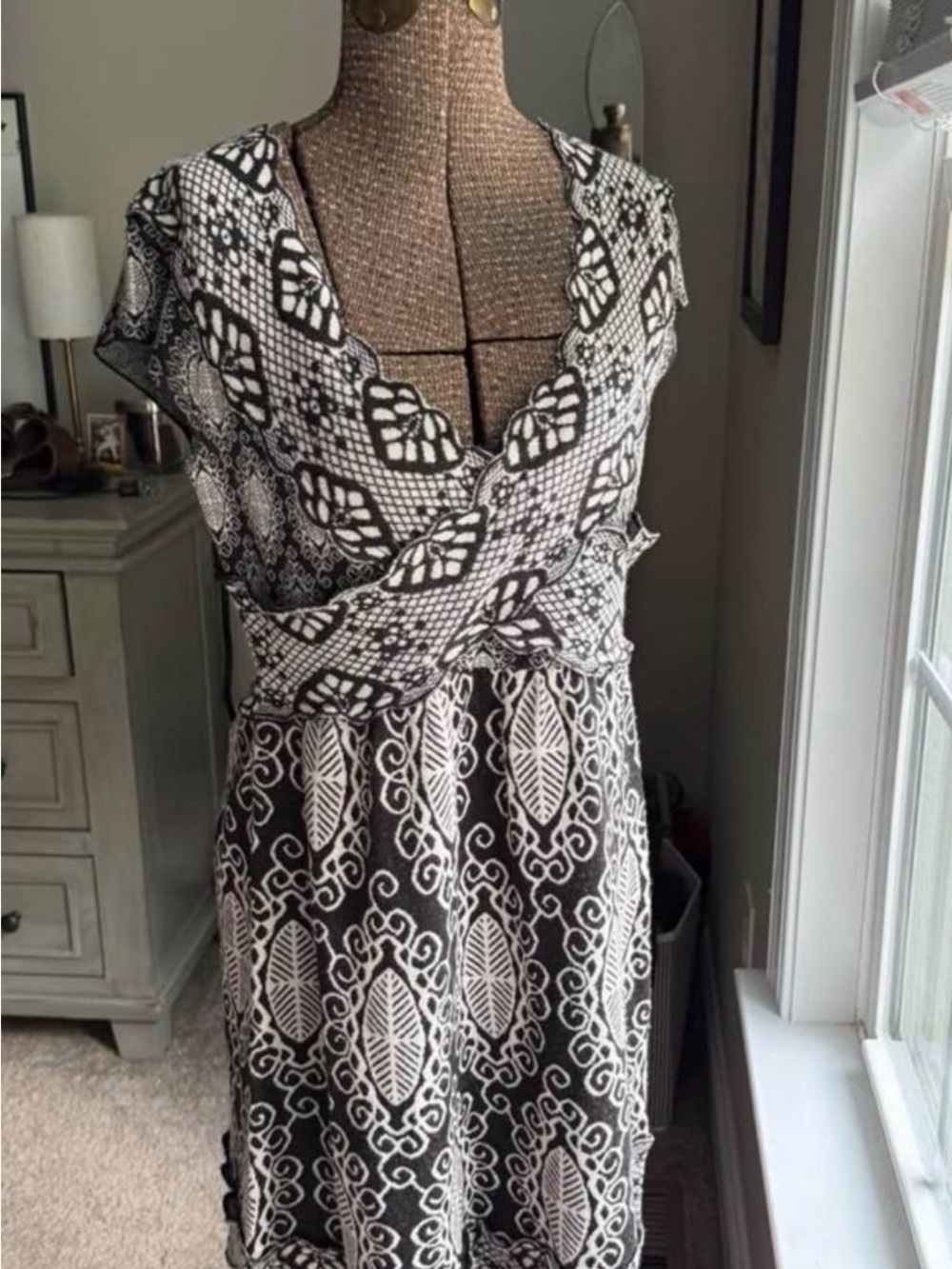Anthropologie Black and White Printed Wrap Midi Dress